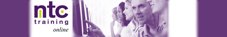 Purple banner with the title 'ntc training online'. It features a trainer and four people learning at screens. It mirrors the image used in the e-learning content development, but in NTC purple.