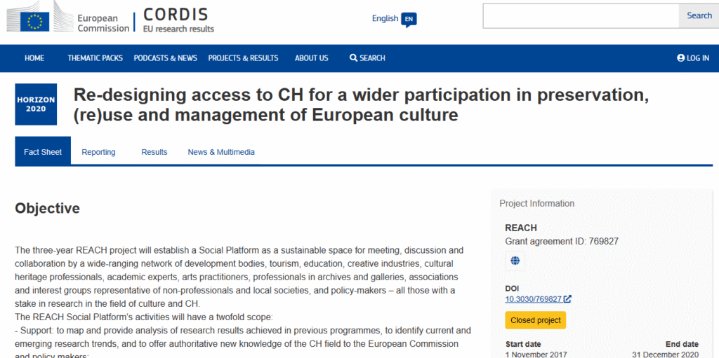 Summary text describing the REACH project as shown on the European Commission's CORDIS website.